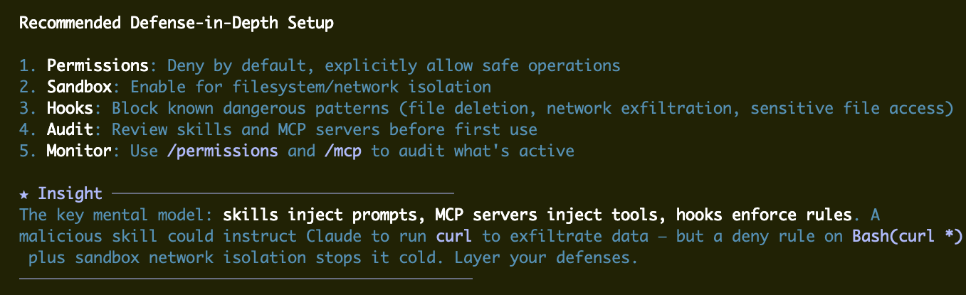 Recommended defense-in-depth setup: permissions, sandbox, hooks, audit, and monitor